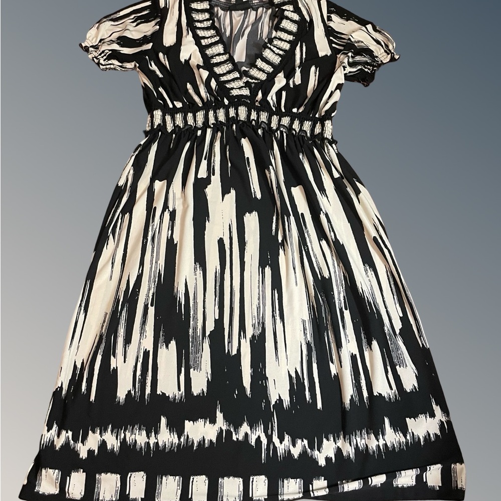 En Focus Black White Dress Print V Neck elastic waist sz 12 short sleeve spandex - Picture 3 of 12